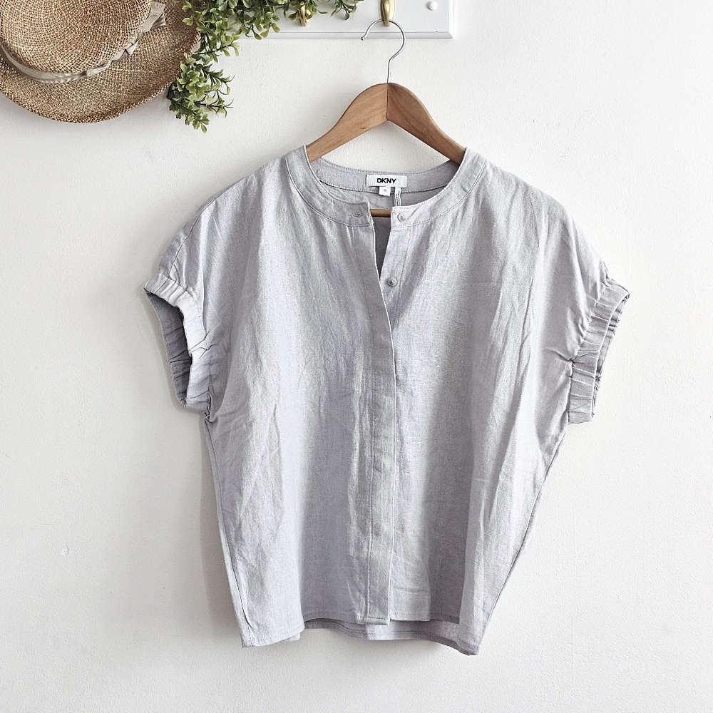 DKNY Elastic Cuff Linen Blend Button Up Shirt Gray XS Short Sleeve Dolman - Picture 12 of 12